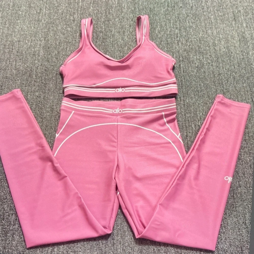 ALO Yoga Pink Ribbed Sports Bra and Leggings Set
